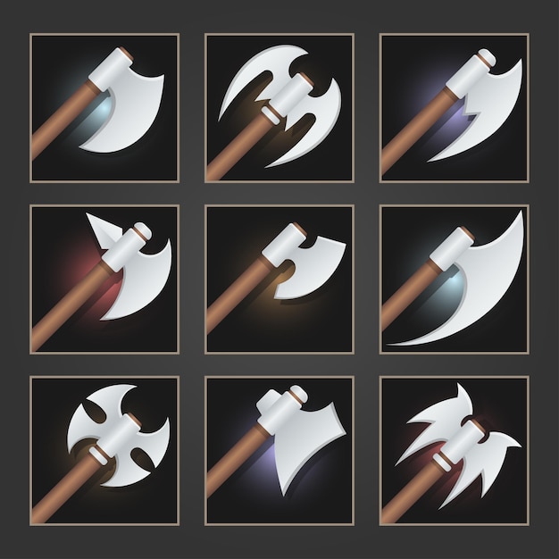 Free Vector collection of decoration weapon for games. set of silver cartoon axes.