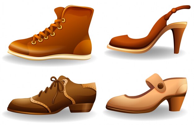 Collection of different styles of male and female shoes