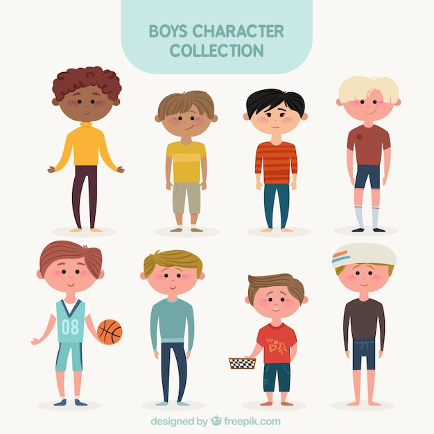 Free Vector collection of eight boys smiling in flat design