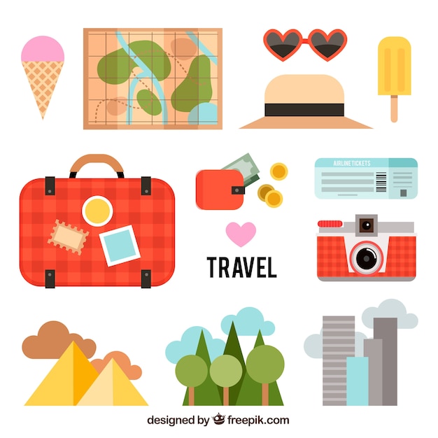 Free Vector collection of element and landscapes of summer trip in flat design