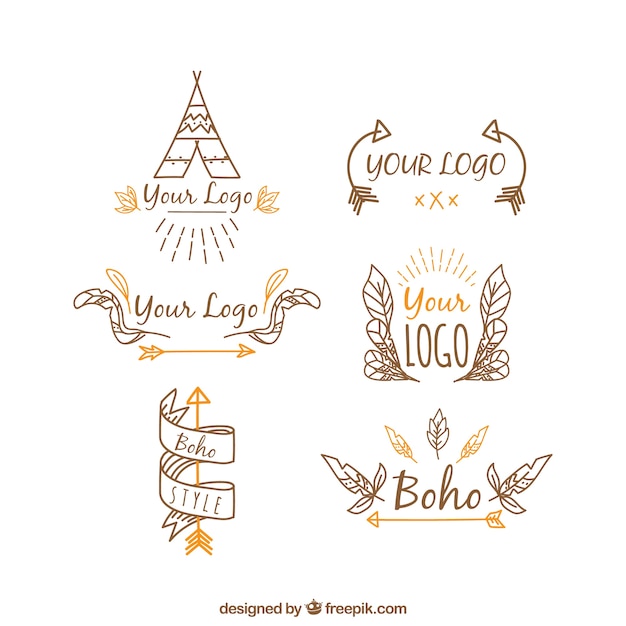 Collection of hand-drawn ethnic logos with orange elements