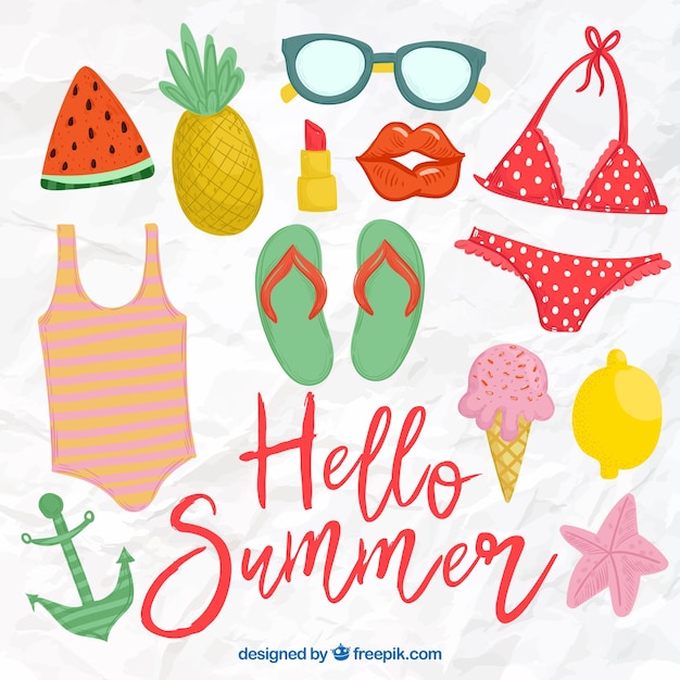 Free Vector collection of hand drawn summer elements in vintage style