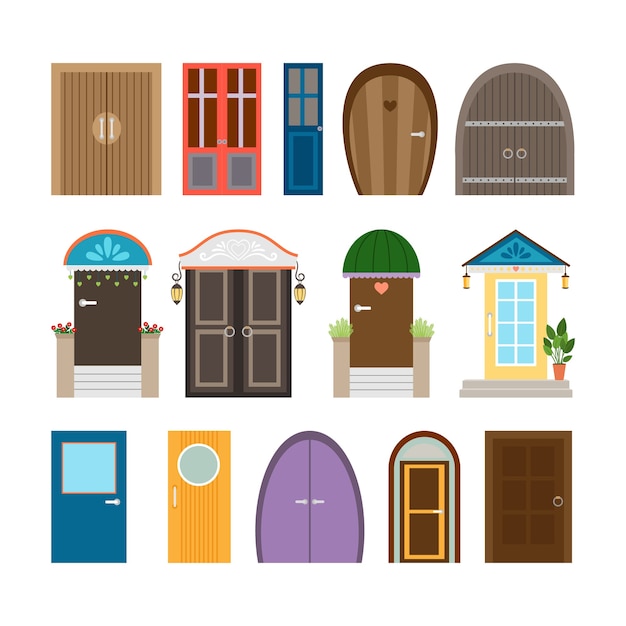 Free Vector collection of house doors. wooden and architecture doorway, entrance and front, exit and enter.