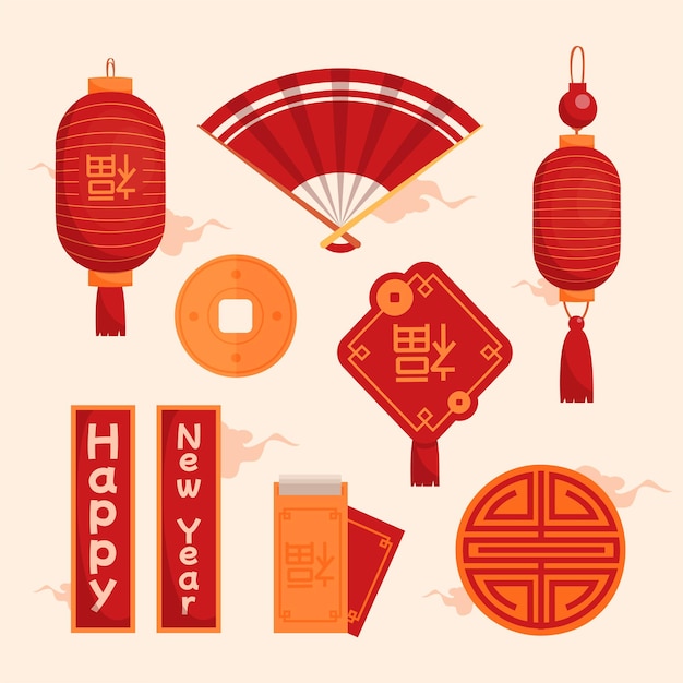 Free Vector collection items of chinese new year celebretion traditional object graphic design for banner sticker advertising  in cartoon design flat vector illustration