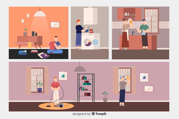 Free Vector collection of people cleaning the house