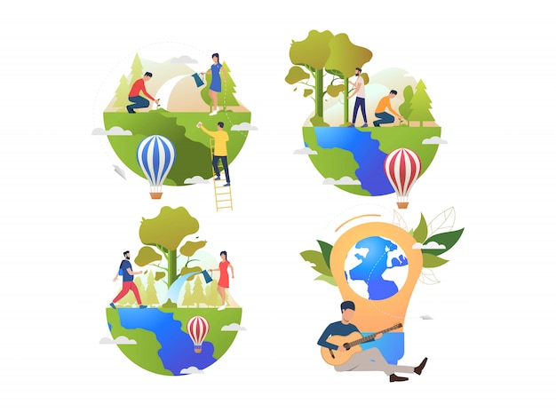 Free Vector collection of people taking care of earth