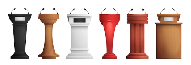 Free Vector collection of realistic pedestal tribune and podium with microphones for speech isolated vector illustration