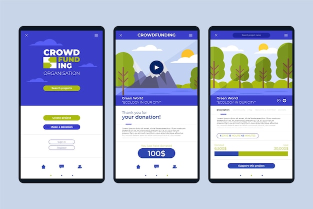 Collection of screens for crowdfunding app