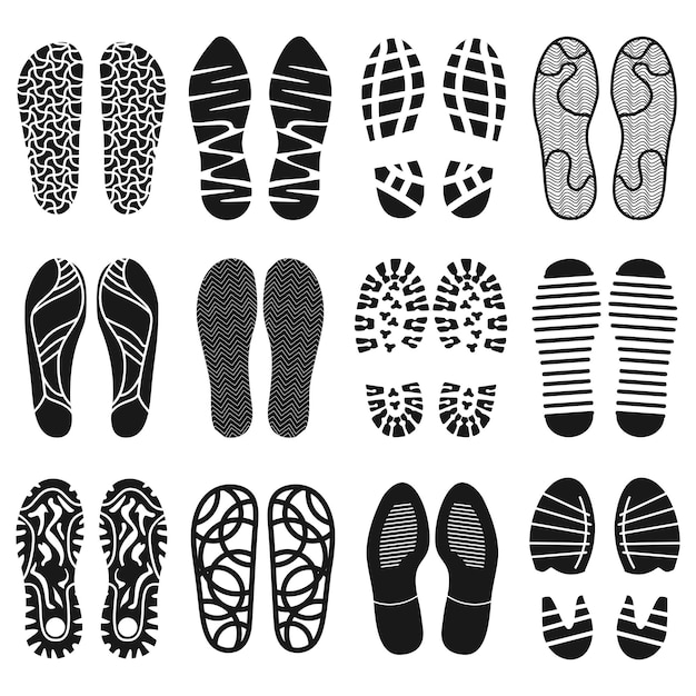 The collection shoeprints Shoes silhouette black and white icons Imprint Vector eps