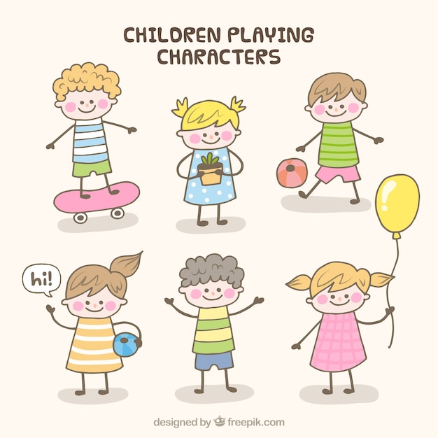 Free vector collection of six hand-drawn kids playing