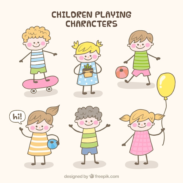 Collection of six hand-drawn kids playing