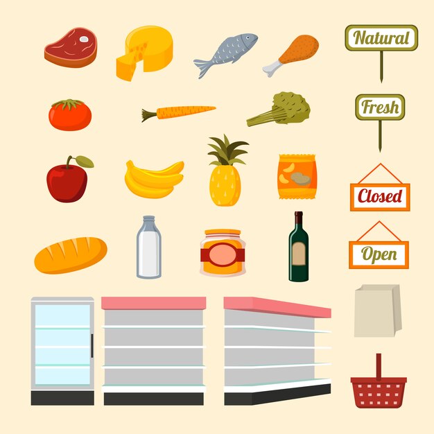 Collection of supermarket food items