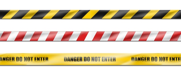 Free Vector collection of three   hazard white and red striped ribbon, caution tape of warning signs.