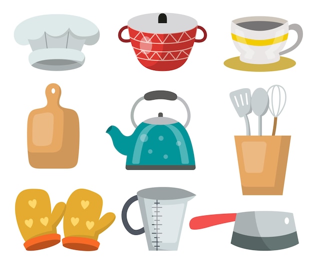 Collection of various object in kitchen for graphic designer with pot, kettle, knife and kitchenware in cartoon character, flat vector illustration