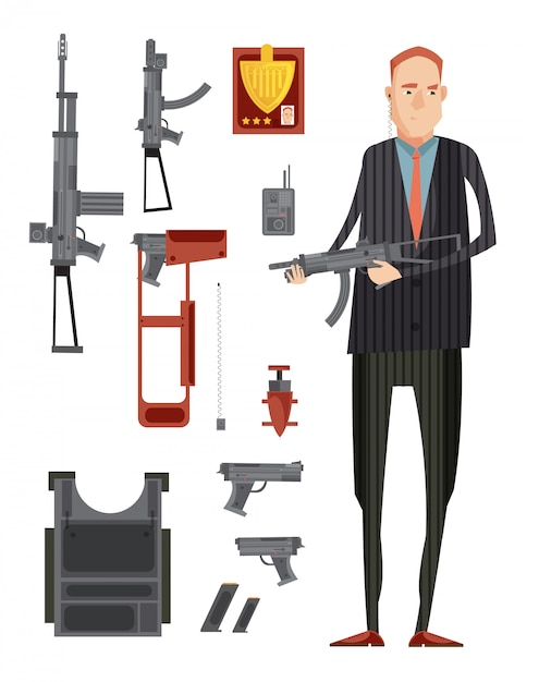 Free vector colored intelligence agency group composition with isolated flat icon set with weapons and man in black vector illustration