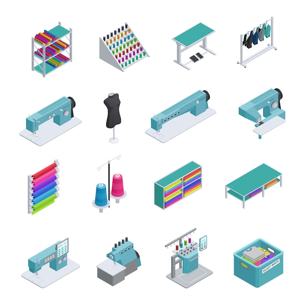 Free Vector colored and isolated garment factory isometric icon set machines sewing machines garment manufacturi