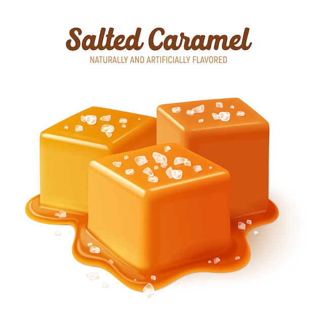 Free vector colored and realistic salted caramel composition with naturally and artificially flavored headline