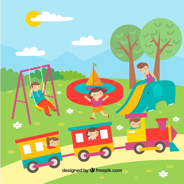 Free vector colored scene of kids playing in the park