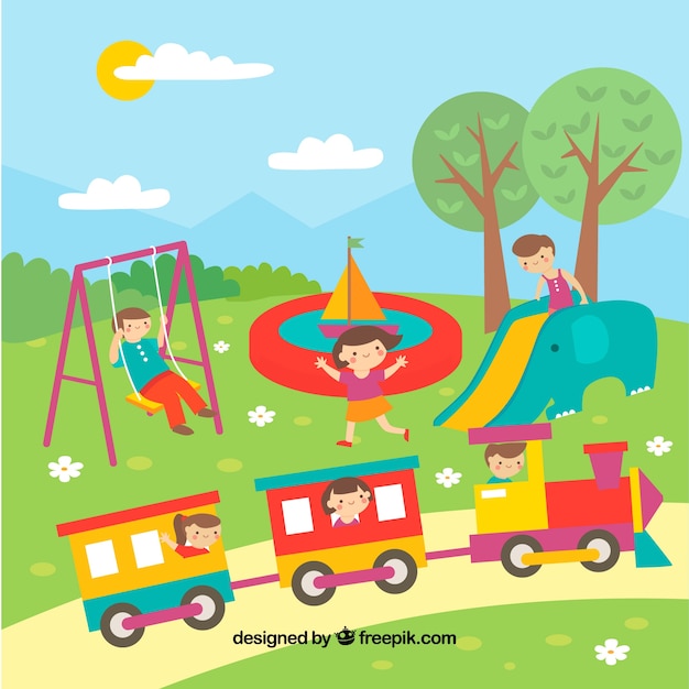 Colored scene of kids playing in the park