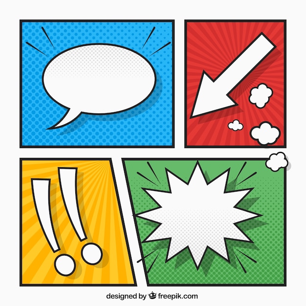 Free vector colored vignettes set with signs and comic speech bubble