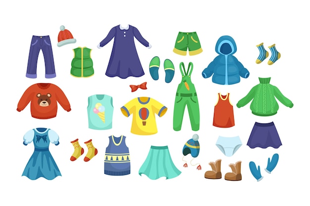 Free vector colorful baby clothes for boy and girl cartoon illustration set. hand drawn pants, dresses, blouses, accessories, socks, winter jacket and cap on white background. childrens wardrobe, fashion concept