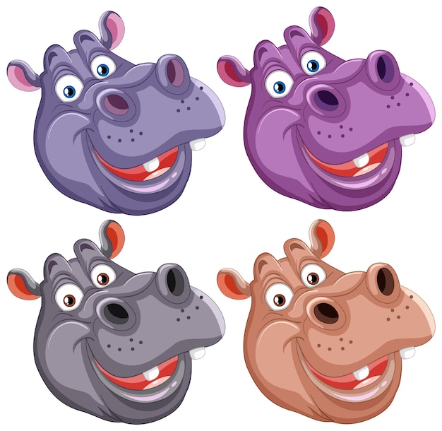 Free Vector colorful cartoon hippo faces collection