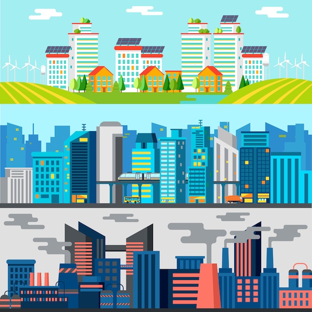 Free vector colorful cityscape horizontal banners
