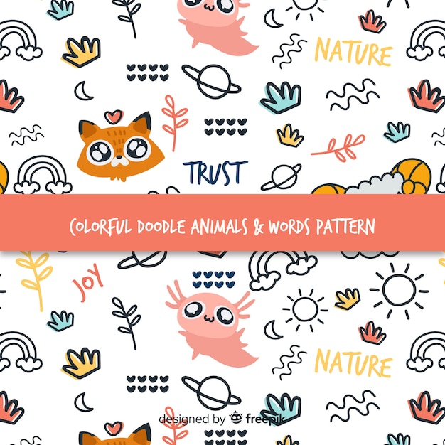 Free vector colorful doodle animals and words pattern