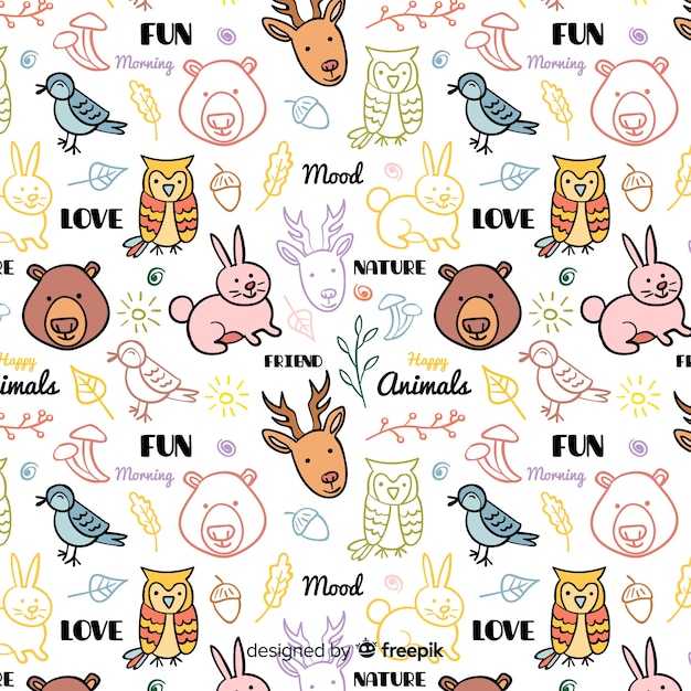 Free Vector colorful doodle animals and words pattern