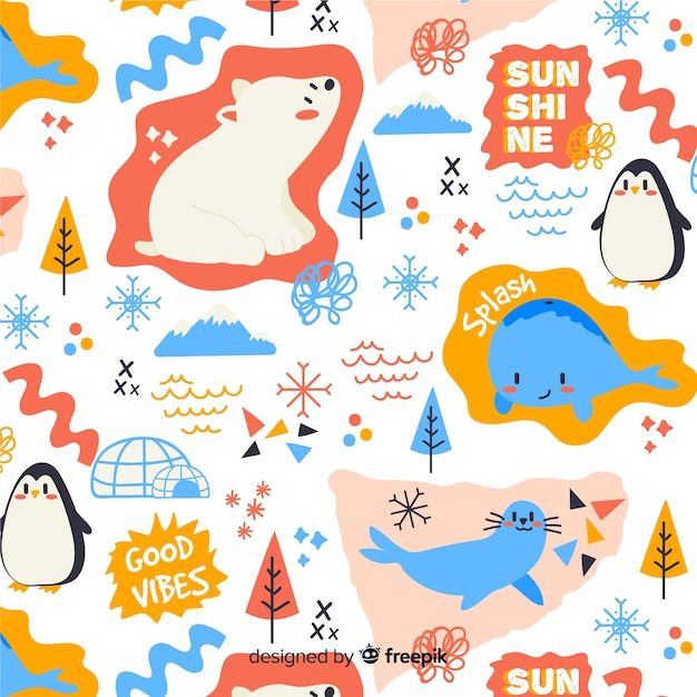 Free Vector colorful doodle animals and words pattern