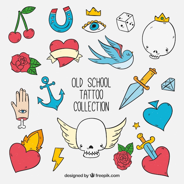 Free Vector colorful hand drawn funny old school tattoo collection