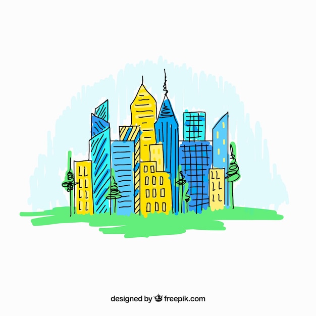 Free Vector colorful hand drawn modern city background