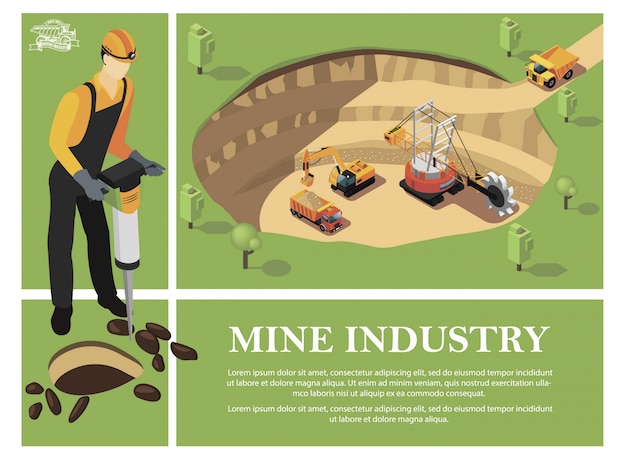 Free Vector colorful isometric mining industry composition with miner holding hammer drill and industrial machines extracting minerals in quarry