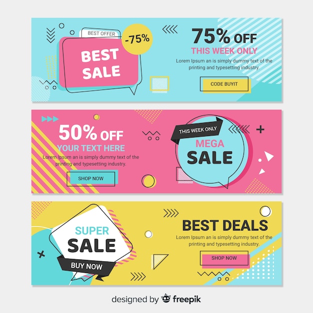 Free vector colorful memphis style sale banner set