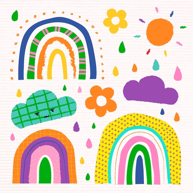 Free vector colorful rainbow in funky doodle style vector set