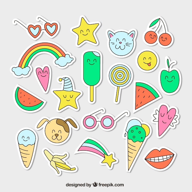 Free vector colorful variety of hand drawn stickers