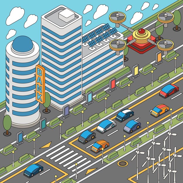 Coloring pages modern city composition with flying drone and skyscrapers with cars on road and pavement vector illustration