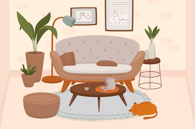 Free Vector comfy living room interior with cats sitting on armchair and ottoman and houseplants growing in pots