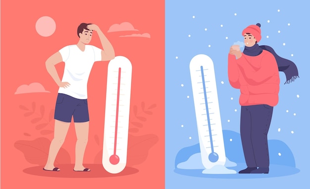 Free Vector comparison between men with thermometers in summer and winter. hot and cold weather, sweaty person in heat, guy in warm clothes, high and low temperature flat vector illustration. meteorology concept