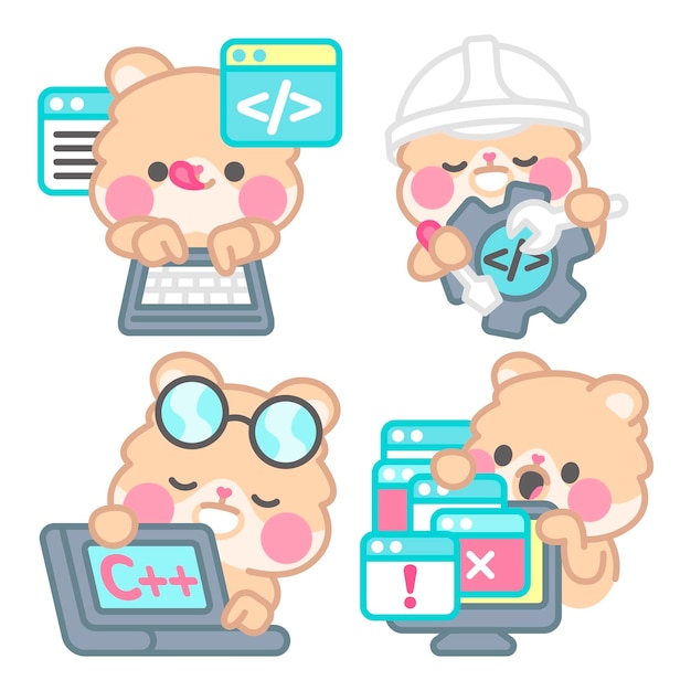 Free Vector computer engineer stickers collection with kimchi the hamster