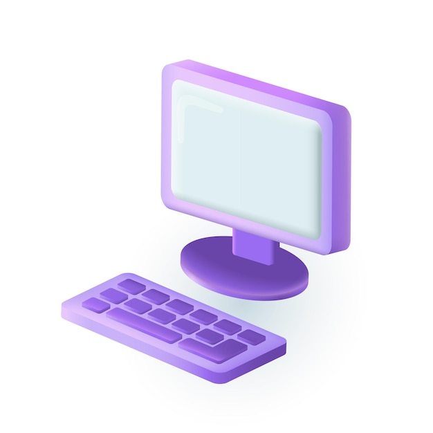 Free vector computer with keyboard icon in 3d style. colorful realistic pc with blank monitor on white background flat vector illustration. cyberspace, internet, device, gadget, technology concept