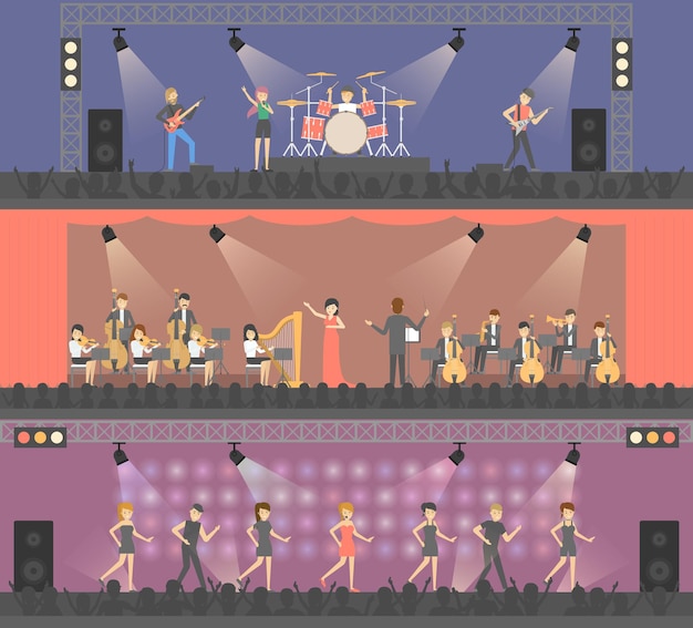 Free vector concerts on stage set music and dancing