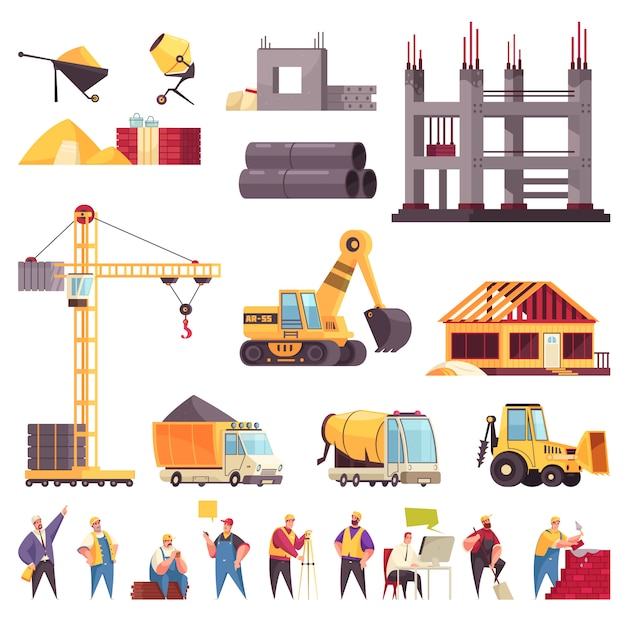 Construction flat set with unfinished building pipes crane bulldozer workers concrete mixer excavator isolated icons  illustration