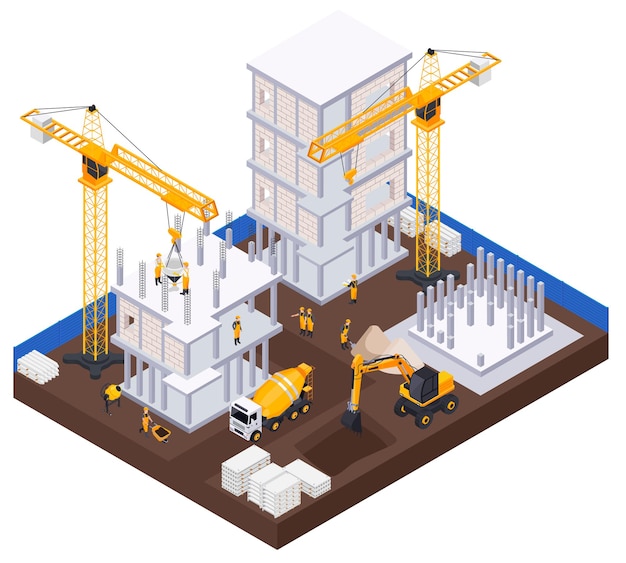 Free vector construction industry isometric concept with equipment and materials symbols illustration