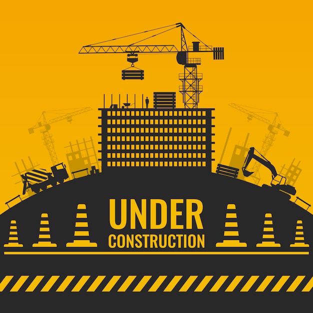 Free vector under construction silhouettes design with building and equipment on hill barrier tape and cones