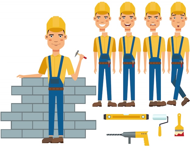 Free vector construction worker building wall character set