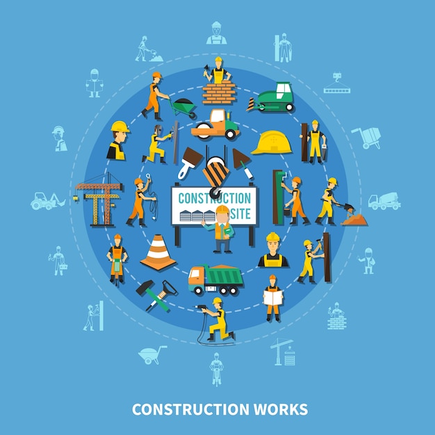 Construction worker round composition background