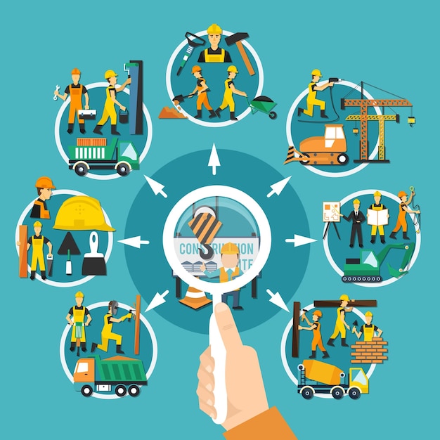 Construction worker round composition with magnifier in a mands hands for detailed selection of works