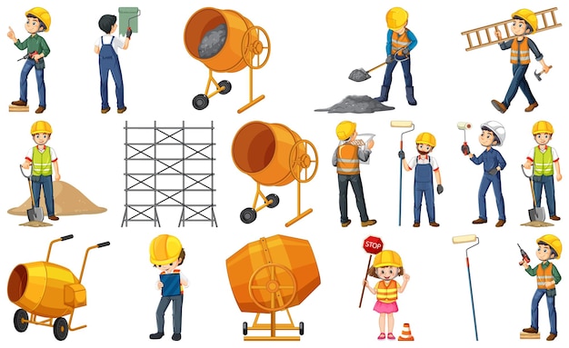 Free Vector construction worker set with man and tools