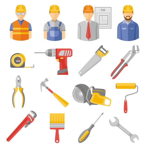 Construction workers tools flat icons set 